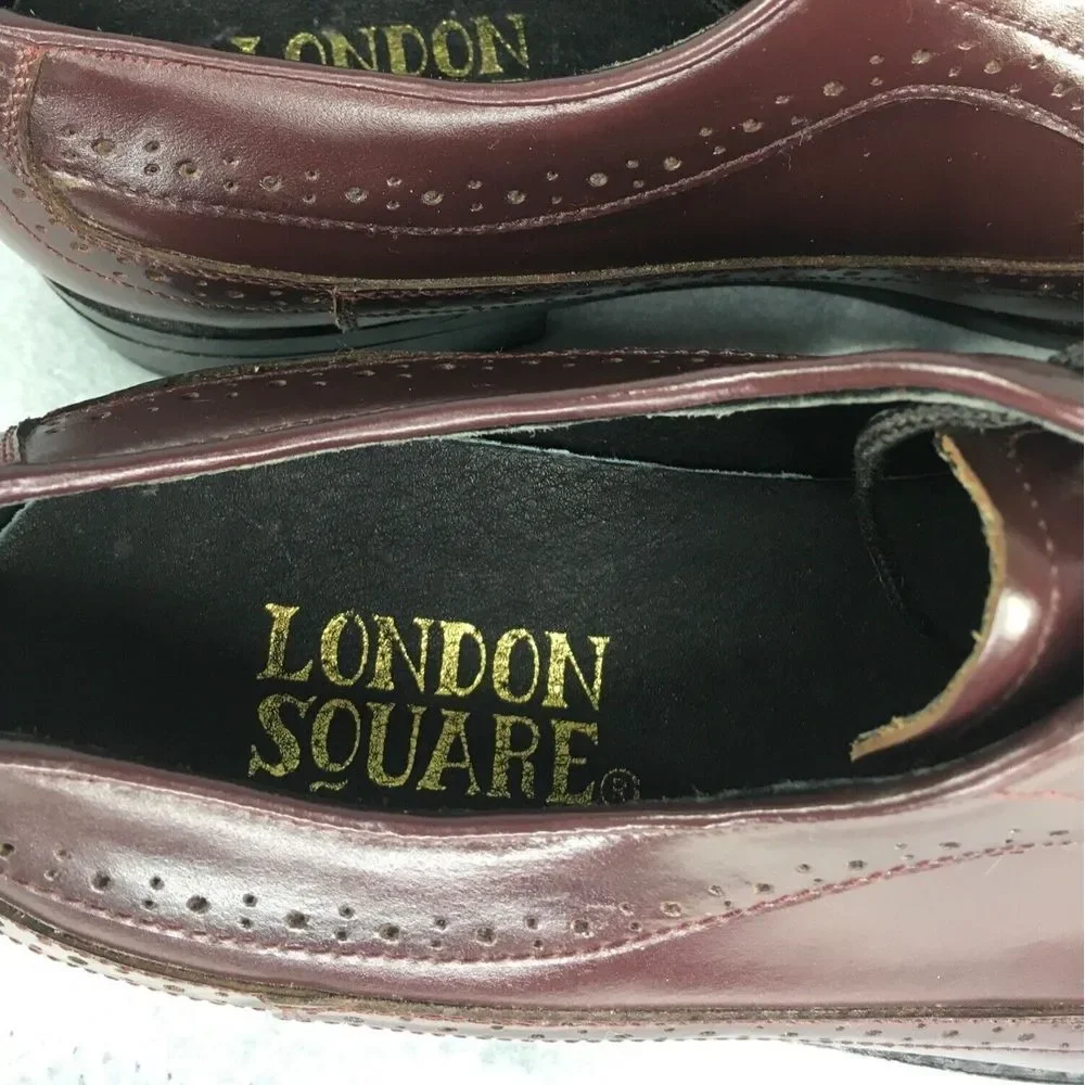 Men's London Square‎ Leather Oxford Shoes Burgundy Size 9D Brogue Style